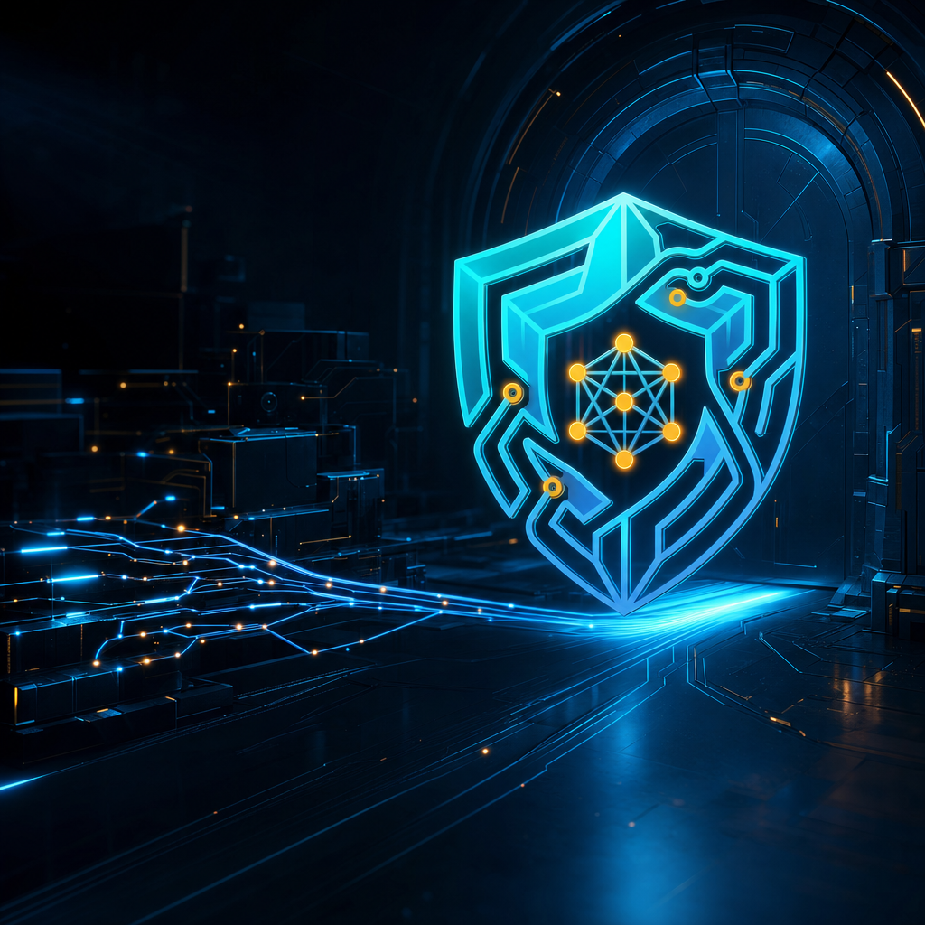 The Aegis shield standing at a glowing gate as streams of data flow toward it